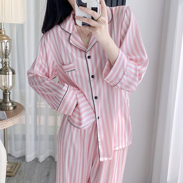 Conjunto De Pijama Rayado Rosa Ropa De Descanso Manga Larga Pantalones Ropa Para El Hogar Para Mujer Solapa Estampada Ropa De Dormir SatéN Suelto Casual Ropa De Noche L Gray-image