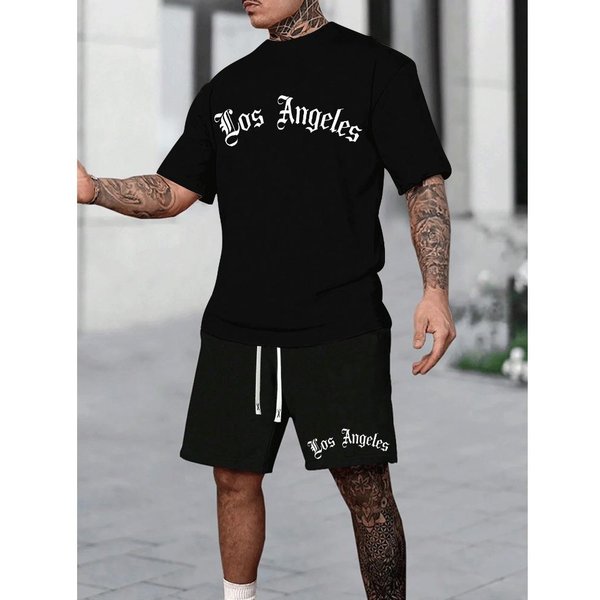 Conjunto De Dos Piezas Para Hombre Con Estampado De Fuente GóTica De Los ÁNgeles, De Manga Corta Y Pantalones Cortos S Gray-image