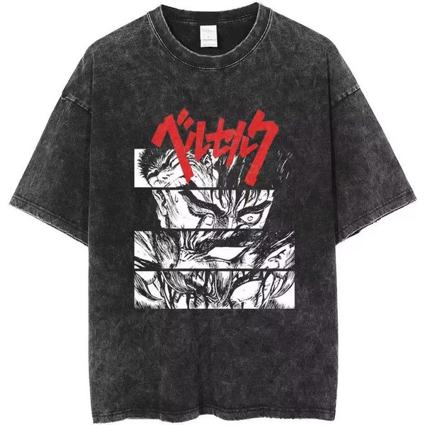 Camiseta Berserk AlgodóN Lavado Vintage Anime JapóN Oversize Unisex Ropa De Calle Harajuku Manga Corta Hombre Mujer Tops Camiseta 2XL-image