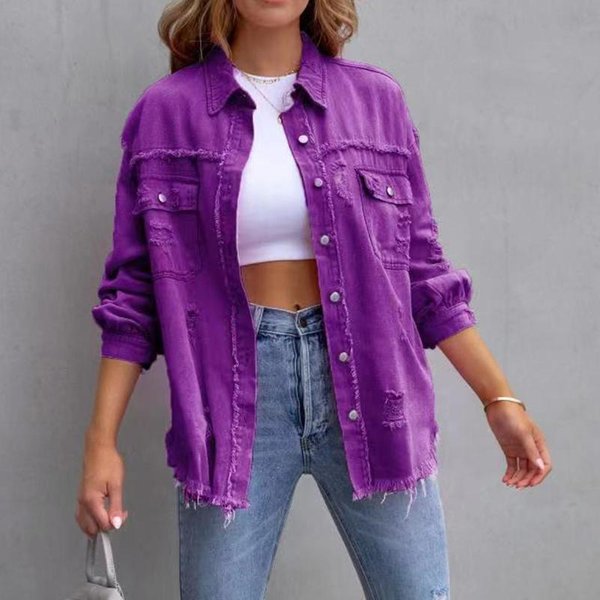 Chaqueta Vaquera Rasgada A La Moda Para Mujer, Chaqueta Superior Informal De Manga Larga Con Solapa Para OtoñO E Invierno L Purple-image
