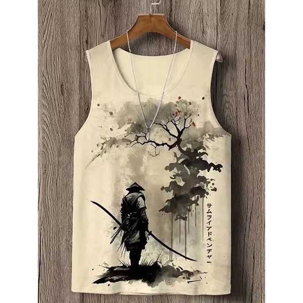 Camiseta Sin Mangas Estilo JaponéS Vintage Gato SamuráI De Anime ImpresióN 3D Camisetas Sin Mangas Casual Holgada Transpirable Divertida Camiseta Chaleco Para Hombre S Beige-image