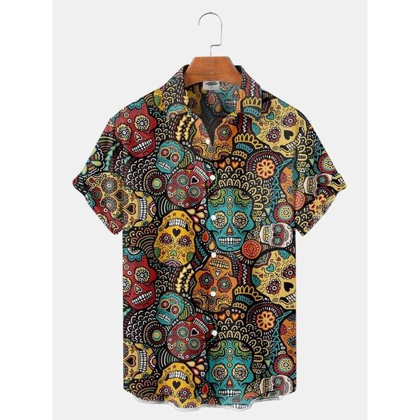 Camisa Hawaiana Para Hombre Calavera Rosa ImpresióN 3D Camisa De Playa Manga Corta Botones Casual Camisas De Calaveras Para Hombre Top M-image