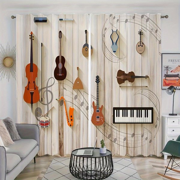 2 Piezas Notas Musicales Estampado Cortina Bolsillo Para Barra Tratamiento De Ventana Para Dormitorio Oficina Cocina Sala De Estar Estudio DecoracióN Del Hogar DecoracióN De HabitacióN 2X50W130H(Cm)&Rod Pocket-image