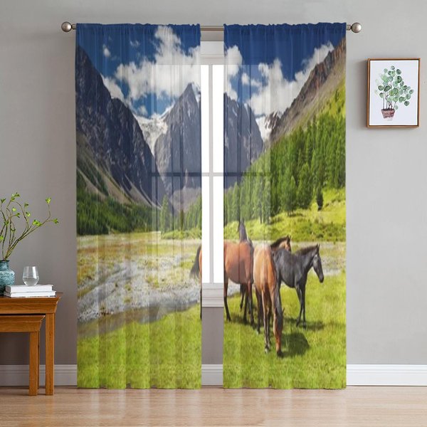 Paisaje MontañOso Con Caballos Pastando Cortinas Transparentes De Gasa Para Sala De Estar Dormitorio Cortina De Ventana Velos Tul Cortinas 135W X 114H(Cm) Black-image