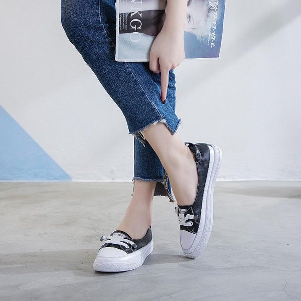Zapatos PequeñOs Blancos De Cuero Genuino Para Mujer Nuevos De Primavera VersáTiles VersióN Coreana Suela Plana Zapatos De MocasíN Perezosos Boca Baja Transpirables Verano 40 Negro-image