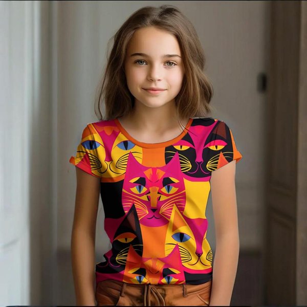 Ropa De NiñA Verano Dibujo Animado Gato GráFico Ropa Infantil NiñOs Arte Garabateo Camiseta De Manga Corta Casual Cuello Redondo Top Infantil 110 Beige-image