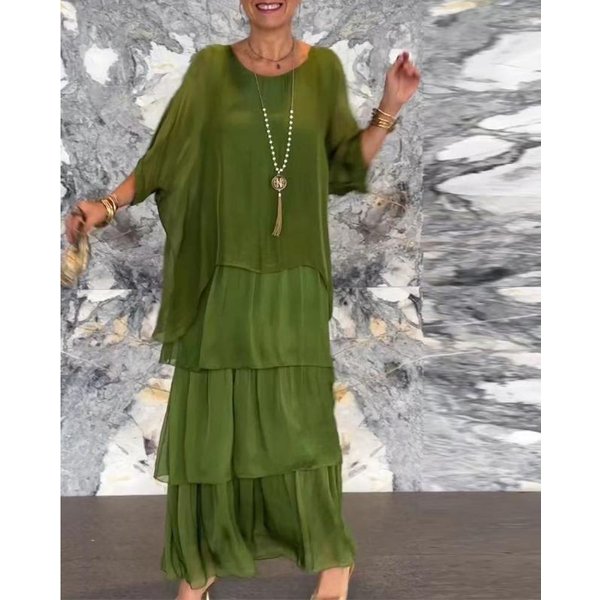 Vestido De Verano Para Mujer, Vestidos Largos De Gasa Con Malla Y Manga MurciéLago, Cuello Redondo L Verde Oliva-image