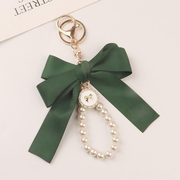 Moda Lazo Grande Cinta Perla Llavero Mujer Multicolor DIY Colgante De Llave Adorno Colgante Dulce Accesorios Para Bolso Black-image
