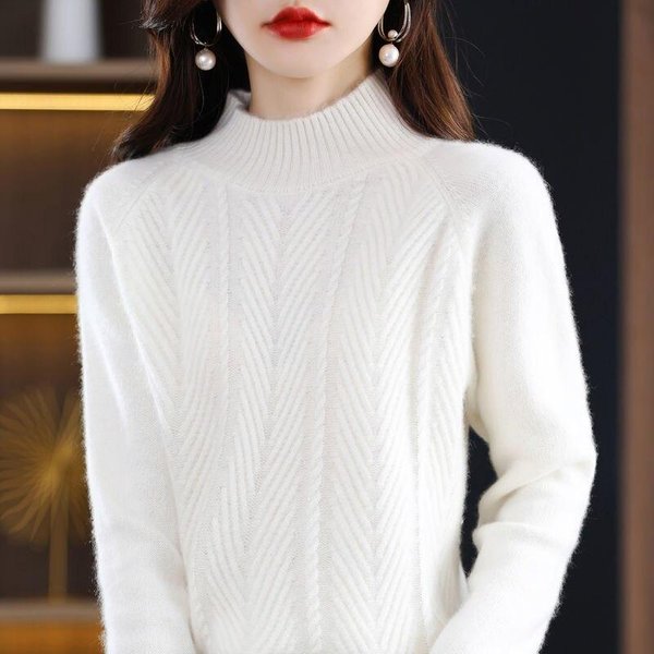 Czysty Sweter Z Kaszmiru, Sweter Damski, Jesień I Zima, PółWysoki KołNierz, Jednolity, Swobodny, DłUgi RęKaw, Dzianinowy Sweter Na Dole M BiałY-image