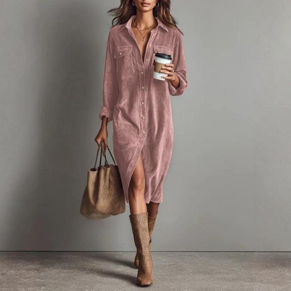 Vestido De Falda Larga Suelta Camisa De Manga Larga De Pana Con Solapa Para Mujer Casual Color SóLido Moda S-image