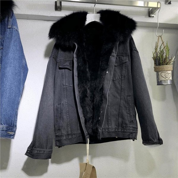 Kurtka Polarowa Denim Plus Dla Kobiet Zima Nowy KoreańSki Styl LuźNy KołNierz Futrzany Odpinany Gruby KróTki Futro Dla Kobiet 2XL Black-image