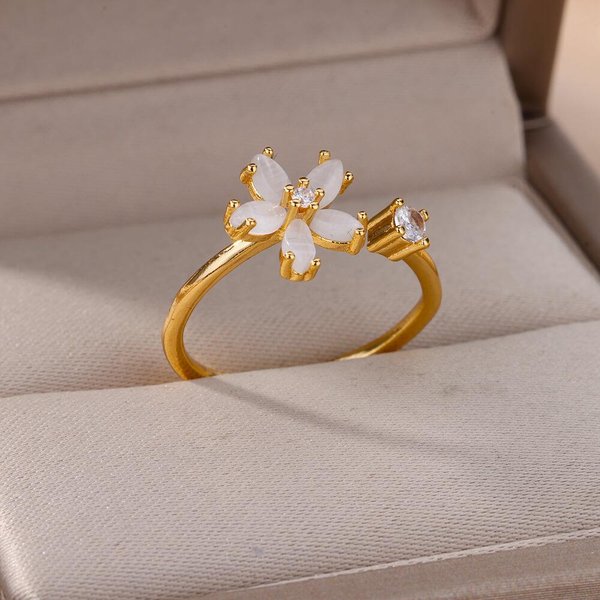 Anillo De Flor De Zirconio Azul De Acero Inoxidable Para Mujeres Anillo De Flor Abierto Ajustable JoyeríA EstéTica De Boda Regalo Bijoux Femme Resizable Gray-image