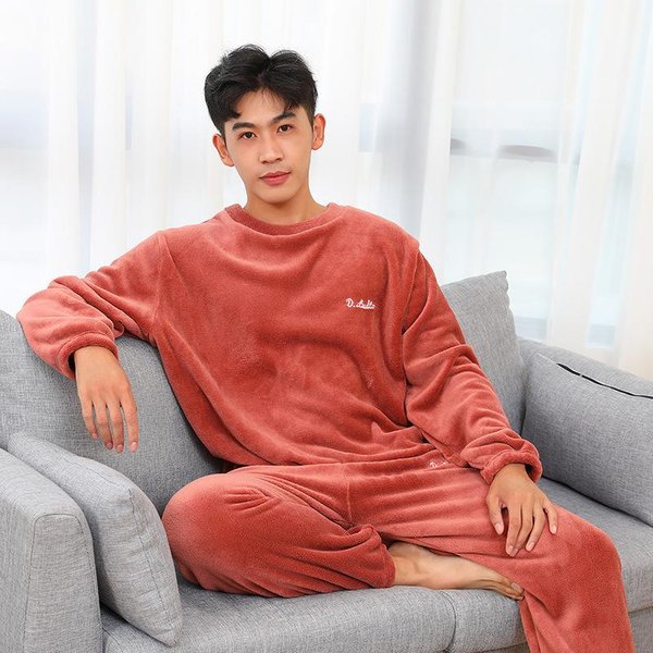 Pijamas De Terciopelo Coral Gruesos Y CáLidos Para Hombre, Ropa De Casa Para OtoñO E Invierno, Pantalones Largos De Manga Larga, Ropa De Dormir Suave Y SóLida, 2 Piezas/Conjunto Para Parejas 4XL Rojo-image