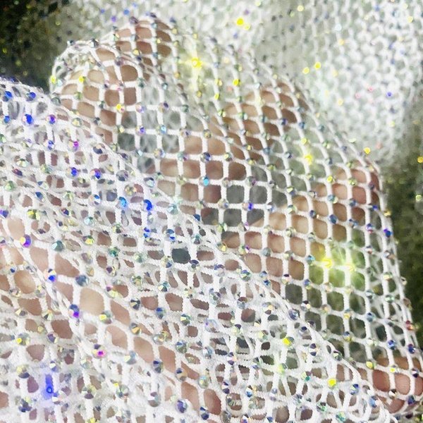 Luksusowa Tkanina Siatkowa Elastyczna Diamentowa Kolor AB Wysoki PołYsk Szyta Satynową TaśMą Koronkowa Siatka Tkanina Na Sukienkę Odzież DIY Tkaniny Wysokiej Klasy 0.5M By 125M BiałY-image