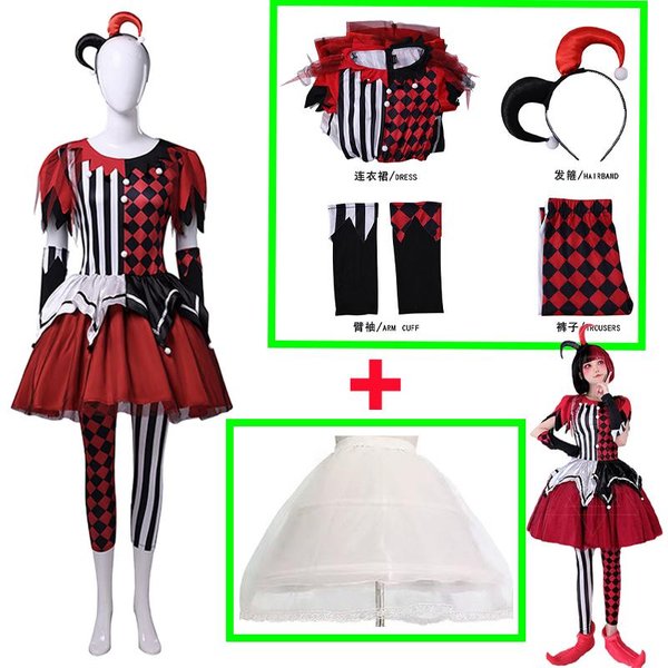 Anime Rojo Negro Halloween Payaso Cosplay Disfraz Fiesta De Carnaval Sombrero De BufóN Volante En El Cuello Mono Juego De Rol Trajes De Joker Y Reina Xxxl&Clown Jester Black-image