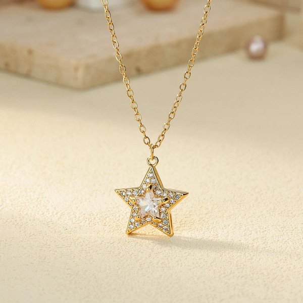 Collares De Estrellas De Zirconia Para Mujer Color Dorado Acero Inoxidable Colgante De Estrella De Cristal Collar JoyeríA De Moda EstéTica De Boda Regalo 45Cm Beige-image