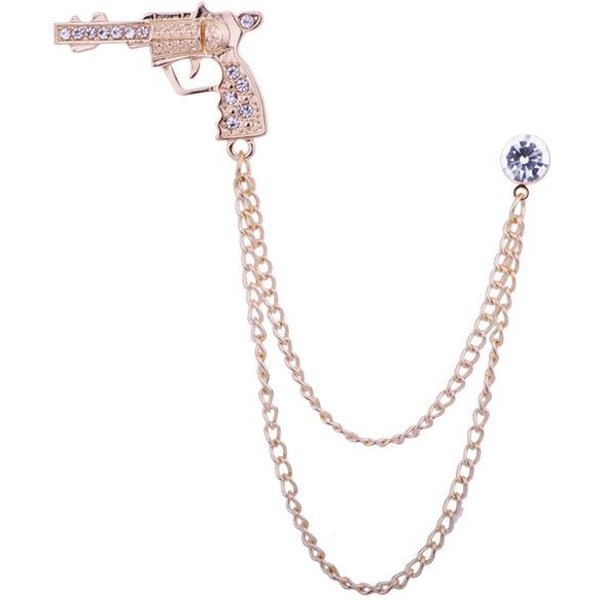 Moda Nueva Pistola Hombres PedreríA Broche Dorado Con Cadena Borla Broches De Pistola Broche De Pin Pines De Solapa MetáLicos Accesorios Para Hombres JoyeríA-image