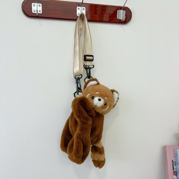 Pluszowy Plecak Panda Czerwona, Urocza Pluszowa Lalka, Damska Torebka Crossbody Z Futra, MięKka Torba Na Ramię Na Kemping, Podróż, Imprezę, Prezent Urodzinowy Dla Kobiety-image