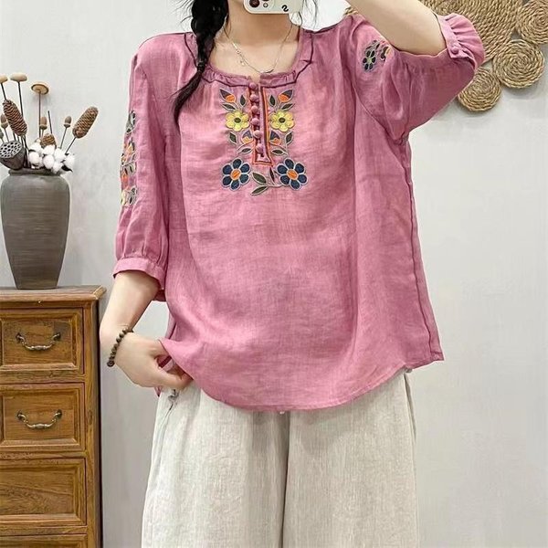 Talla Grande Bordado Estilo Nacional Verano Nuevo Estilo, Manga Tres Cuartos AlgodóN Lino Retro Literario Camiseta Suelta VersáTil Top 3XL Pink-image