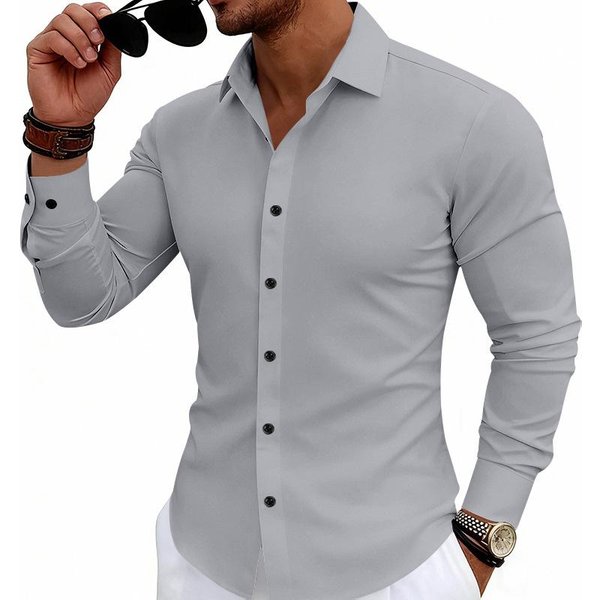 Camisa De Manga Larga EláStica Para Hombre Corte Ajustado Cuello De Botones Camisa De Vestir Camisa De Trabajo De Negocios Camisa Casual De Oficina L-image