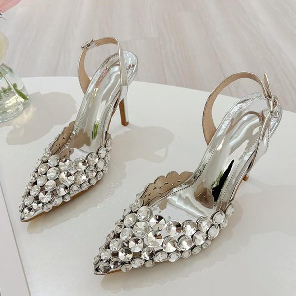 Liyke Sandalias Elegantes Slingback De TacóN De Aguja Con Punta Afilada Diamantes De Cristal Zapatos De SalóN Para Mujer Tacones Altos Zapatos De Boda Y Baile De PromocióN Zapatos Mujer 40 Gray-image