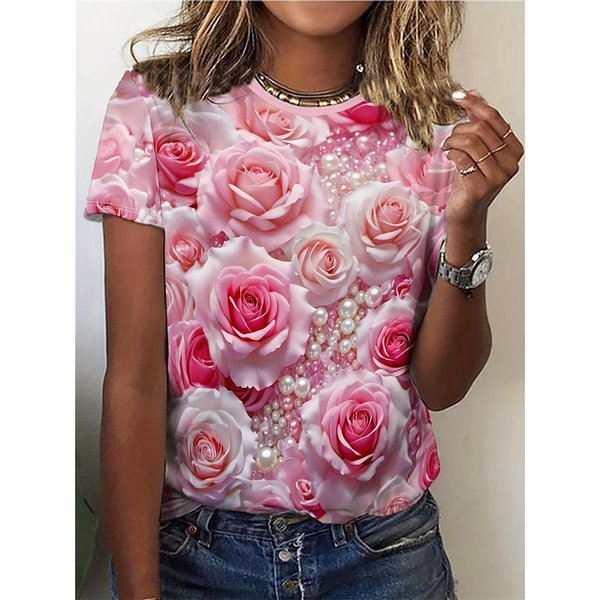 Letni Damski Top Z OkrąGłYm Dekoltem Modny T-Shirt Z Nadrukiem 3D We WzóR Kwiatowy Casualowy LuźNy KróJ T-Shirt Harajuku 2024 5XL Pink-image