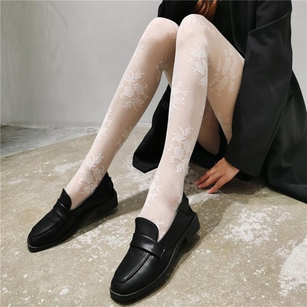 Medias Negras Blancas De Rosa Vintage Para Mujer Pantis Transparentes Con Estampado Floral Pantis De Jacquard Floral Malla Antigancheo Medias Suaves One Size White-image
