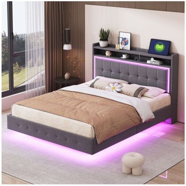 Cama Tapizada - Muvoe - 140X200 - Puerto Usb - IluminacióN Led - Tela De Lino Gris Gris-image