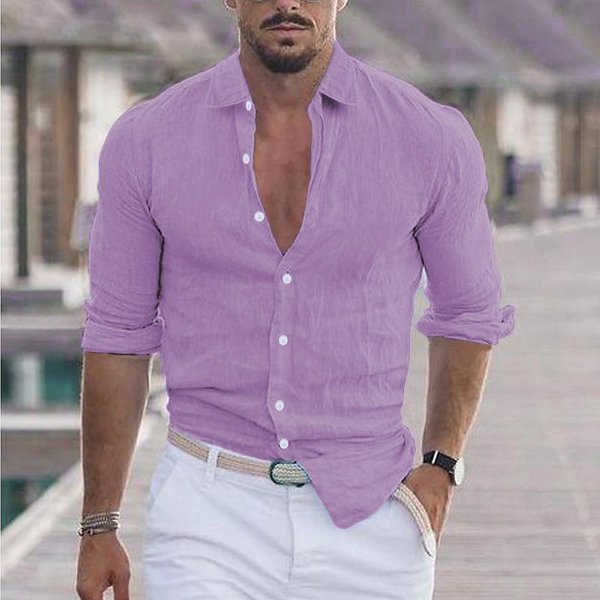 Camisas De Lino Y AlgodóN Para Hombre, Camisa Hawaiana Lisa Con Cuello Vuelto, Camisa Blanca Ligera Y Transpirable, Ropa Informal De Talla Grande XS PúRpura-image