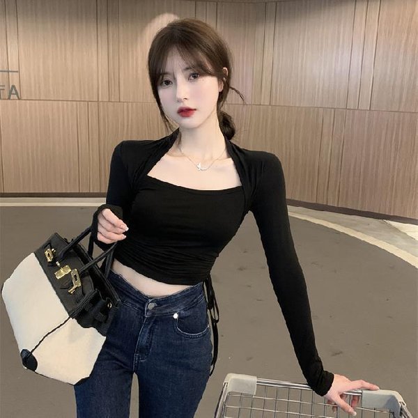 Camiseta Sexy De Cuello Cuadrado Para Mujer, DiseñO De Nicho, Ropa De OtoñO Con Camiseta De Manga Larga Y Top Ajustado Con CordóN Ajustable. XXL Negro-image