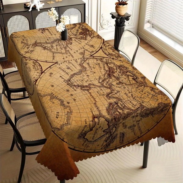 Obrus Ze Stylizowaną Mapą śWiata, TłO Z Postarzanego Pergaminu, Falbankowy Brzeg, WytrzymałY Materiał, Do Jadalni I Gabinetu 160X260Cm-image
