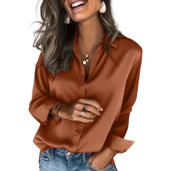 Camisa De SatéN Para Mujer Color SóLido Corte Holgado Camisa De Seda Artificial Solapa Manga Larga Botones Tapeta Tops Casual De Negocios Uso Diario M MarróN Oscuro-image