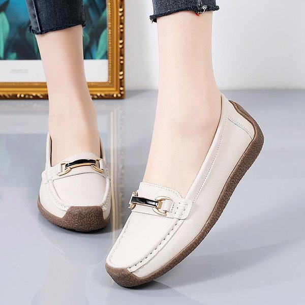 Nuevos Zapatos Planos De Talla Grande Para Mujer De Primavera/OtoñO Zapatos Casuales De Mujer Mocasines Slip-On De Cuero Genuino Zapatos De Barco Femeninos 37 Beige-image