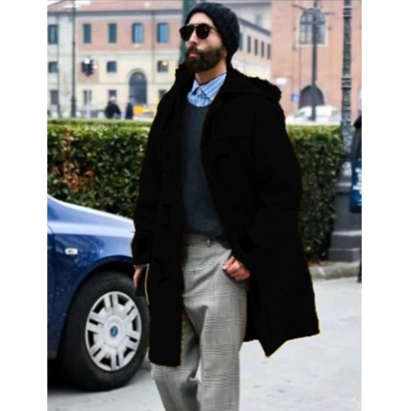 Abrigo De Lana Para Hombre Con Hebilla De Cuerno, Chaqueta Gruesa Con Capucha, Gabardina De Lana XL Negro-image