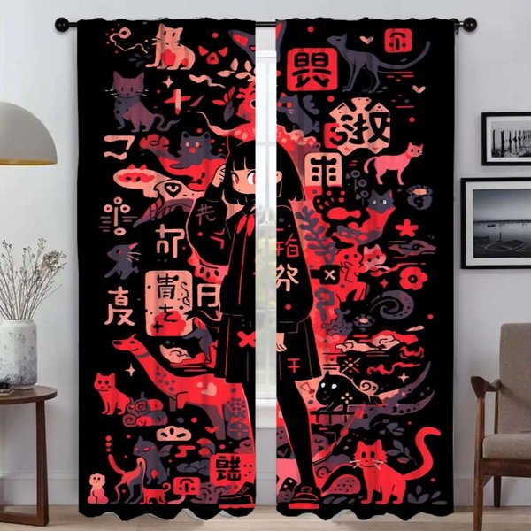 Cortinas HabitacióN Infantil Chica Linda Con Gatos DecoracióN Halloween Cortinas Para Dormitorio Estores Cortina Blackout Para HabitacióN 2 Paneles Tul W50Xh70Cmx2Pcs-Cl-image