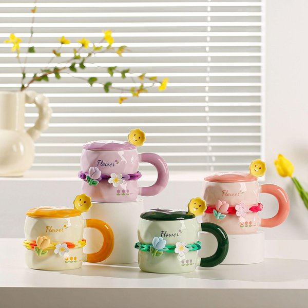 Juego De TulipáN De Alto Valor Taza De CeráMica Para El Hogar Con Tapa Y Cuchara Taza Dibujo Sonriente Oficina Taza De Agua Regalo 380ML-image
