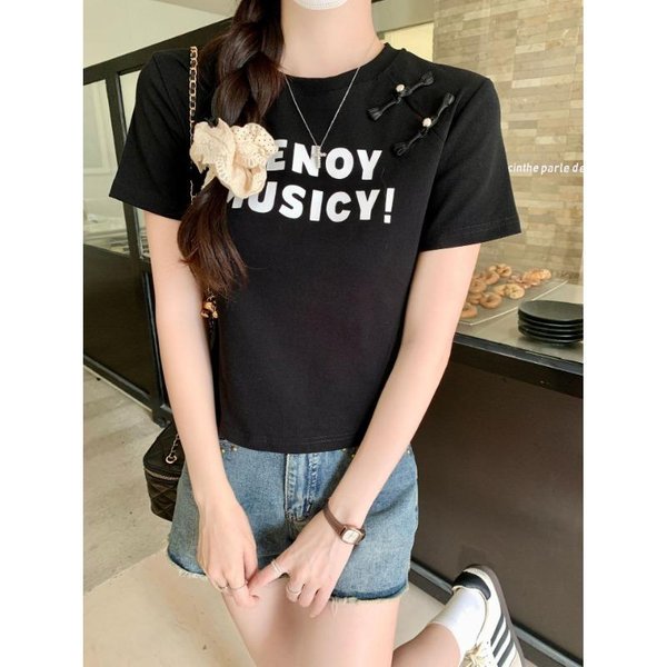 Camiseta De Manga Corta Con BotóN De Placa De Estilo Chino En El Hombro Para Mujer En Verano Nuevo DiseñO Top Corto Estampado De Nicho XL Negro-image