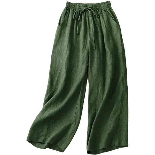 BawełNa Len Casual GłAdkie Sznurowane Elastyczne Wysoki Stan LuźNe Szerokie Nogawki Spodnie Damskie Spodnie Do Kostek Dla Kobiet Odzież Moda M Zielony-image