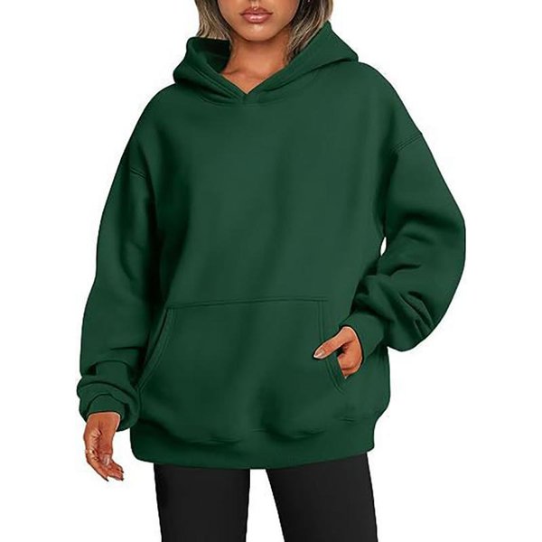 Damska Bluza Z Kapturem, Jednokolorowa, Oversize'owa, LuźNa Bluza Polarowa 5XL Zielony-image