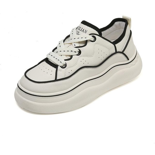 EstacióN Europea Zapatos Blancos De Suela Gruesa Primavera Nuevos Piel Genuina Suave Ligeros Simples VersáTiles Casuales Zapatos Deportivos 40 Negro-image