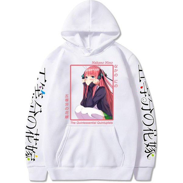Japonia Anime Kwintesentne Quintuplety Bluzy Nino Nakano Unisex Bluzy Z Kapturem Drukowane Kobiety Streetwear Casual Bluza W Stylu Harajuku XS BiałY-image