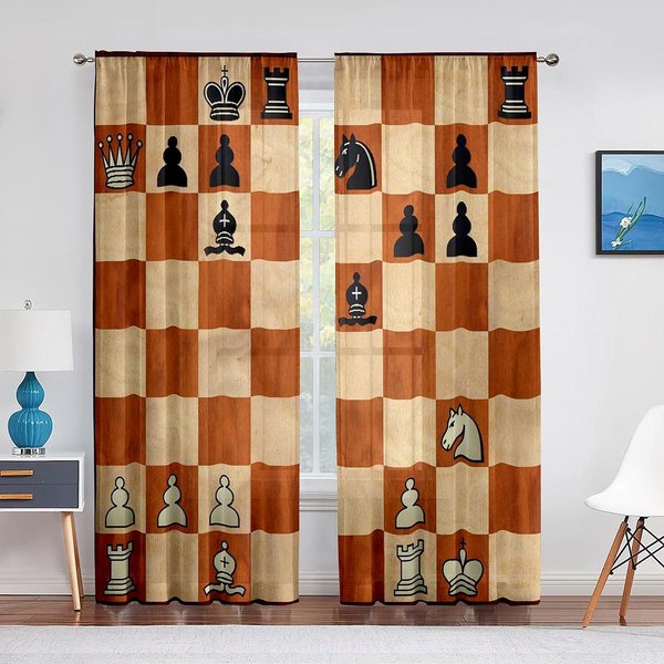 Chess Borad Gry Sportowe Tiulowe Firanki Do Sypialni ZasłOny Okienne Do Salonu Firanki Przezroczyste ŻAluzje ZasłOny Z Organzy 1 PCS W100Xh250Cm&Grommet Top-image