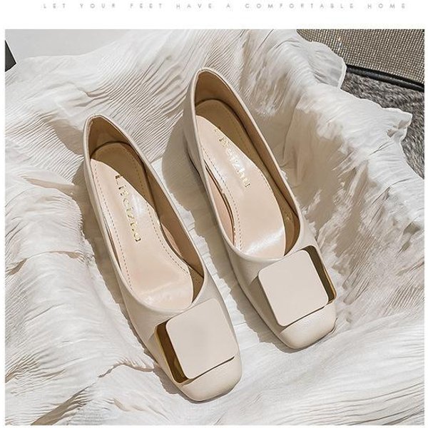 Tallas Grandes 35 -43 Zapatos De SalóN Para Mujer TacóN Medio Puntera Cuadrada Zapatos De Cuero Para Oficina Cadena MetáLica Dorada Grande Suelas Blandas Zapatos Slip On 41-image