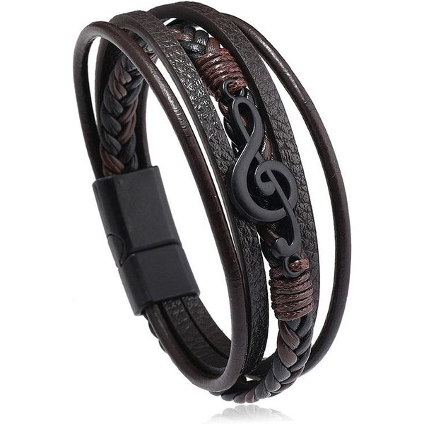 Pulseras Con Dijes De SíMbolos Musicales Para Hombres Mujeres Pulsera De Cuero Multicapa Brazalete Hiphop Rock Pulsera De Cuero Con Cierre MagnéTico Gray-image