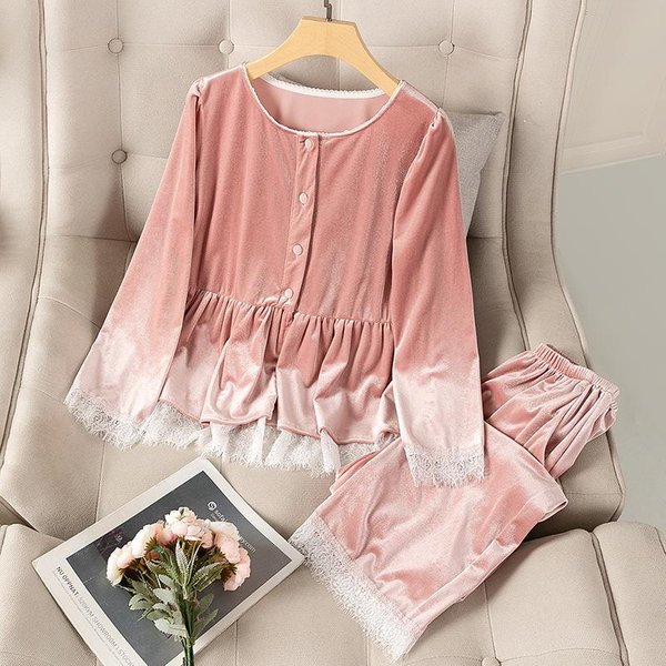 Conjunto De Pijama De Terciopelo OtoñO Invierno Sexy Ribete De Encaje Ropa De Casa Femenina Mujeres Velour Ropa De Dormir Pantalones De Manga Larga Dos Piezas XL Brown-image
