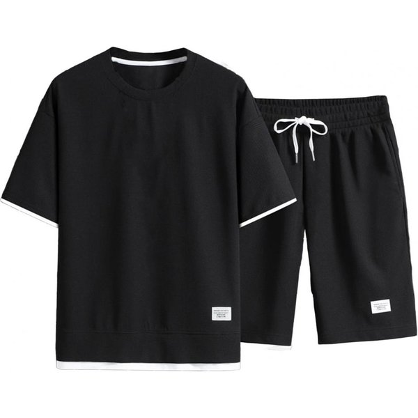 2 Szt./Zestaw MęSki Zestaw Sportowy T-Shirt Z KróTkim RęKawem Z OkrąGłYm Dekoltem Elastyczny Pas Ze Sznurkiem Szerokie Spodenki Zestaw Dwuwarstwowy Waflowa Tekstura Xxxl Czarny-image