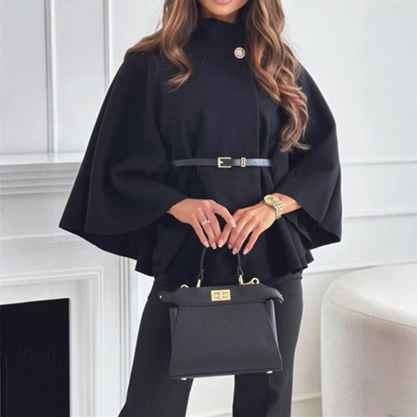 Ponczo PłAszcze Peleryny Damskie Czarne PłAszcze Zimowe PłAszcz Peleryna Z RęKawami Nietoperz Moda Damska Kurtka Peleryna L Black-image