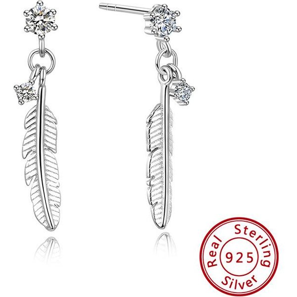 Pendientes De Plata De Ley S925 Con DiseñO Retro De CircóN Blanco Y CircóN Negro, Con Plumas, Sencillos Y VersáTiles, Para Mujer. 925 White-image