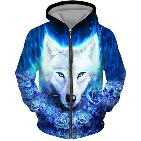 MęSka Bluza Z Kapturem Z Zamkiem BłYskawicznym Wilk 3D Drukowany Na Suwak MęSka Bluza Z Kapturem Modna Casualowa Bluza Uliczna Harajuku Odzież Wiosna I Jesień 4XL Blue-image