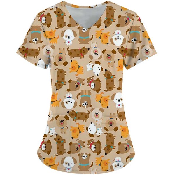 Uniformes QuirúRgicos Mujer Scrub Cuello En V Manga Corta Tops Uniformes MéDicos Para Mujer Uniformes ClíNicos Para Veterinarios Lindo Estampado De Dibujos Animados De Cachorro 3XL Beige-image